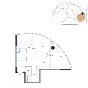 Планировка 2-комн. квартира, 78 м² ЖК «АУРУС Резиденции»