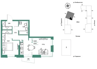 Планировка 2-комн. квартира, 45.38 м² ЖК «Уральский сад»