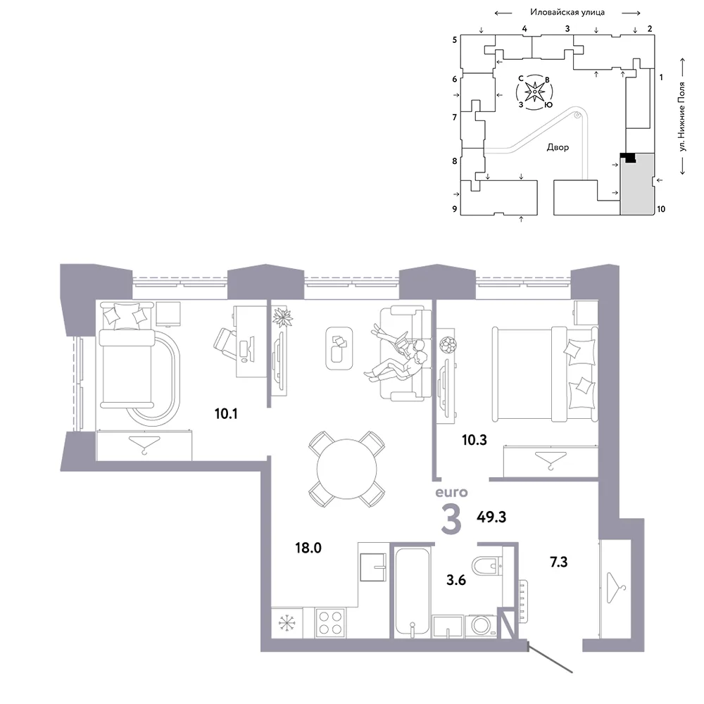 Планировка 3-комн. квартира, 49.3 м² ЖК «Страна.Заречная»