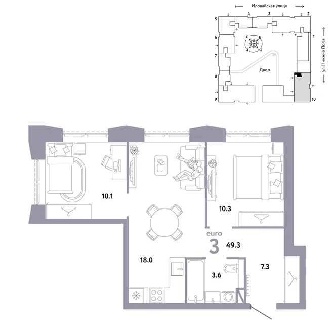 Планировка 3-комн. квартира, 49.3 м² ЖК «Страна.Заречная» Планировка 3-комн. квартира, 49.3 м² ЖК «Страна.Заречная»