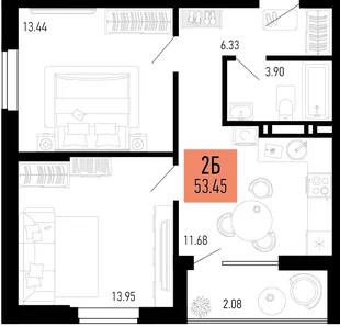 Планировка 2-комн. квартира, 53.45 м² ЖК «Столицыно»