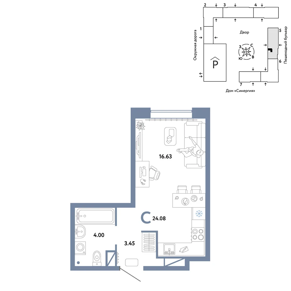 Планировка Студия, 24.08 м² ЖК «Юнион»