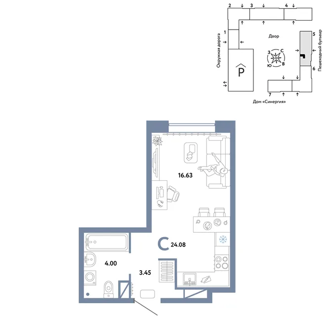 Планировка Студия, 24.08 м² ЖК «Юнион» Планировка Студия, 24.08 м² ЖК «Юнион»
