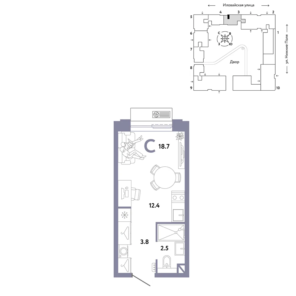 Планировка Студия, 18.7 м² ЖК «Страна.Заречная»