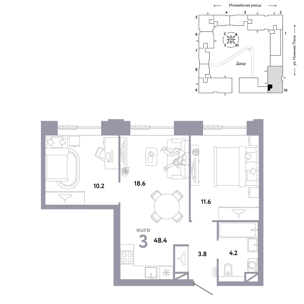 Планировка 3-комн. квартира, 48.4 м² ЖК «Страна.Заречная»