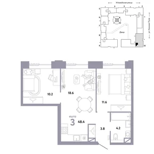 Планировка 3-комн. квартира, 48.4 м² ЖК «Страна.Заречная»