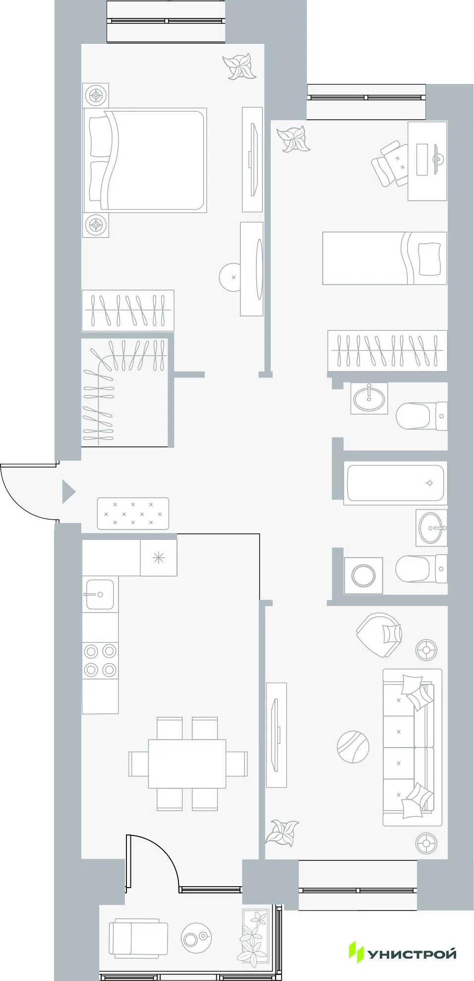 Планировка 3-комн. квартира, 75.35 м² ЖК «Причал»