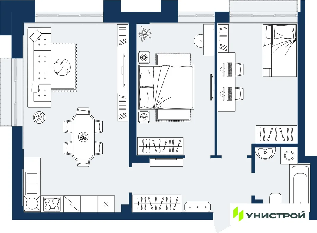 Планировка 2-комн. квартира, 62.39 м² ЖК «ГРАНД БЕРЕГ»