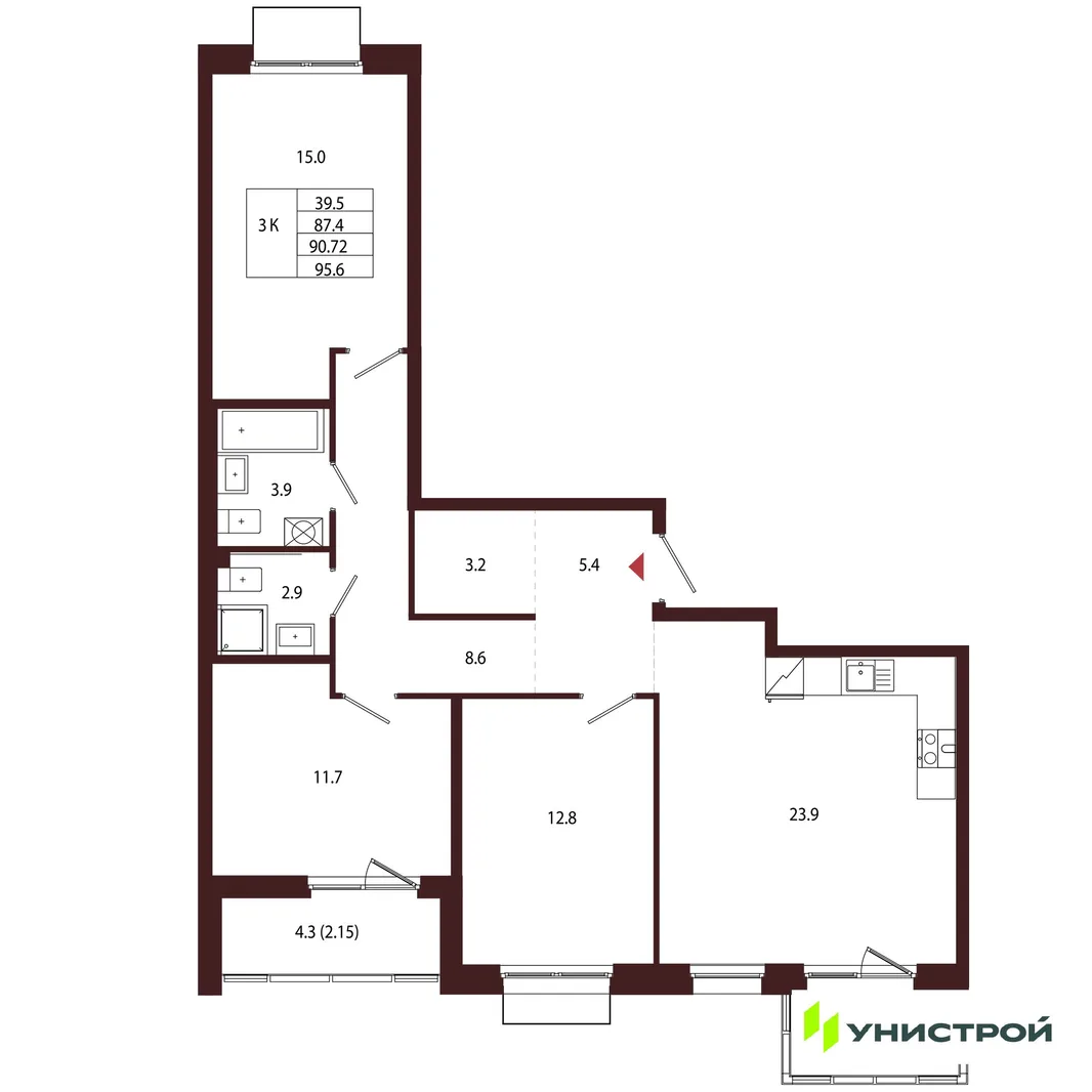 Планировка 3-комн. квартира, 90.72 м² ЖК «Лисино»