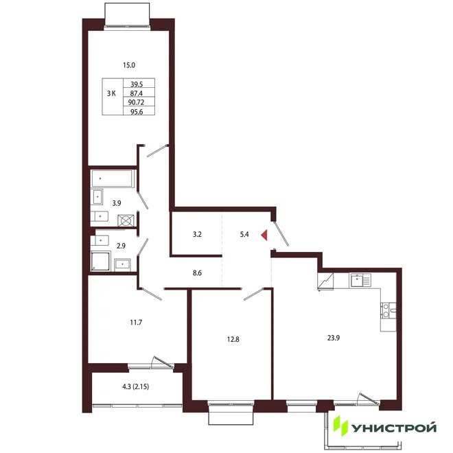 Планировка 3-комн. квартира, 90.72 м² ЖК «Лисино» Планировка 3-комн. квартира, 90.72 м² ЖК «Лисино»