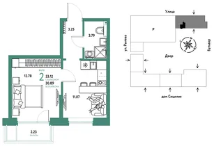 Планировка 2-комн. квартира, 33.12 м² ЖК «Остров-сад»