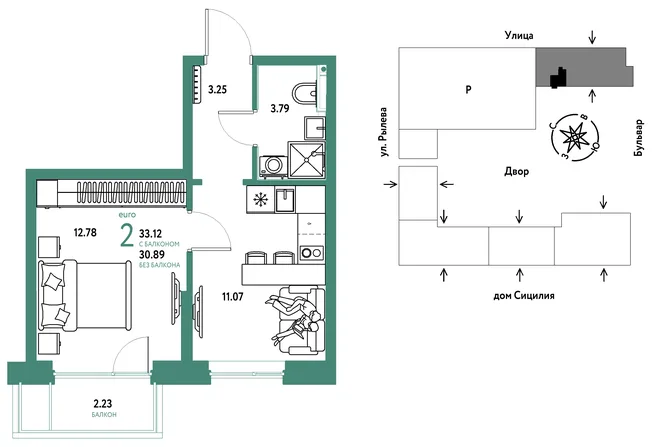 Планировка 2-комн. квартира, 33.12 м² ЖК «Остров-сад» Планировка 2-комн. квартира, 33.12 м² ЖК «Остров-сад»