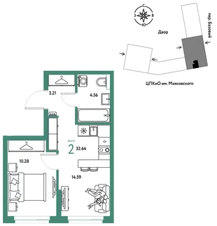 Планировка 2-комн. квартира, 32.64 м² ЖК «Сибирский сад»
