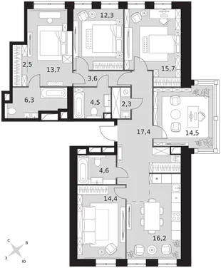 Квартира 6-комн. квартира, 128 м² ЖК «Архитектор» Фото 1
