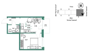 Планировка 2-комн. квартира, 33.32 м² ЖК «Микрорайон Домашний»