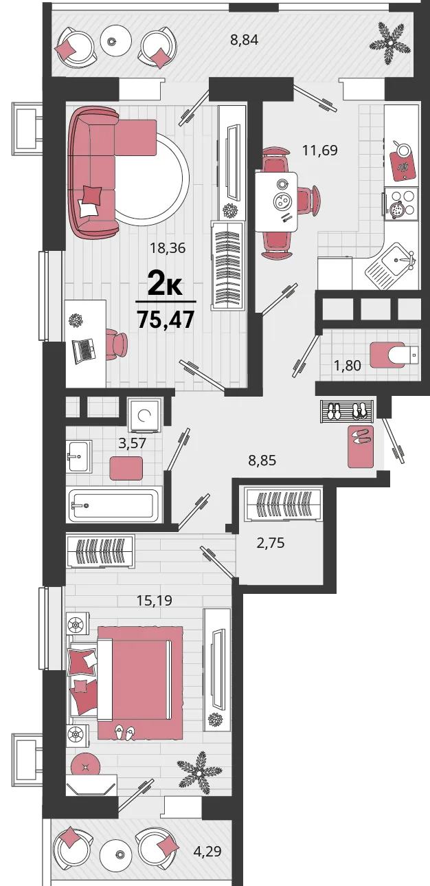 Планировка 2-комн. квартира, 75.47 м² ЖК «Родные просторы»