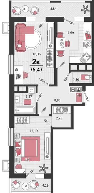 Планировка 2-комн. квартира, 75.47 м² ЖК «Родные просторы»