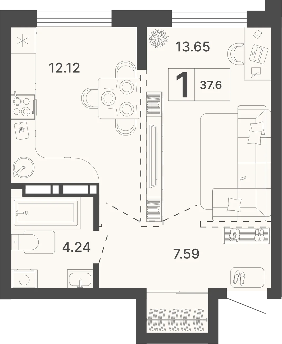 Планировка 1-комн. квартира, 37.6 м² ЖК «Светский лес»