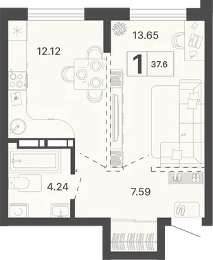 Планировка 1-комн. квартира, 37.6 м² ЖК «Светский лес»