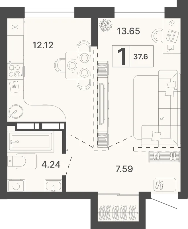 Планировка 1-комн. квартира, 37.6 м² ЖК «Светский лес»