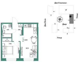 Планировка 2-комн. квартира, 39.99 м² ЖК «Европейский берег 2.0»