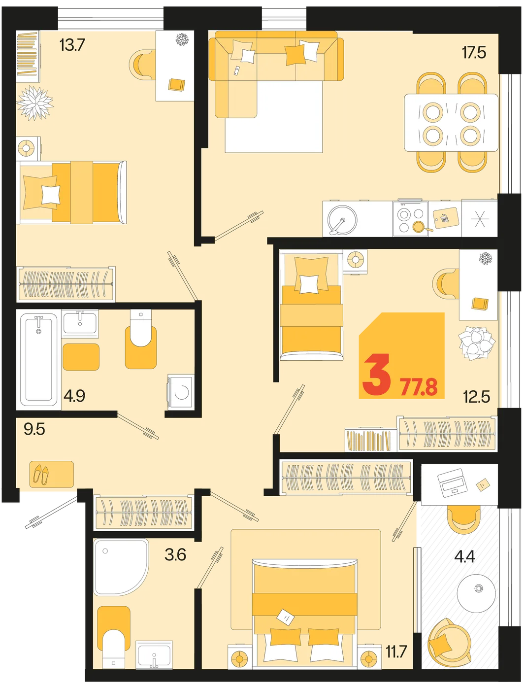 Планировка 3-комн. квартира, 77.8 м² ЖК «Первое место»