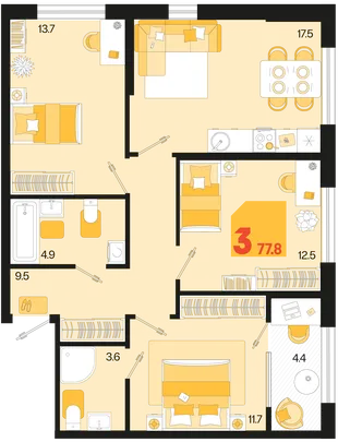 Планировка 3-комн. квартира, 77.8 м² ЖК «Первое место»