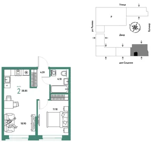 Планировка 2-комн. квартира, 38.85 м² ЖК «Остров-сад»