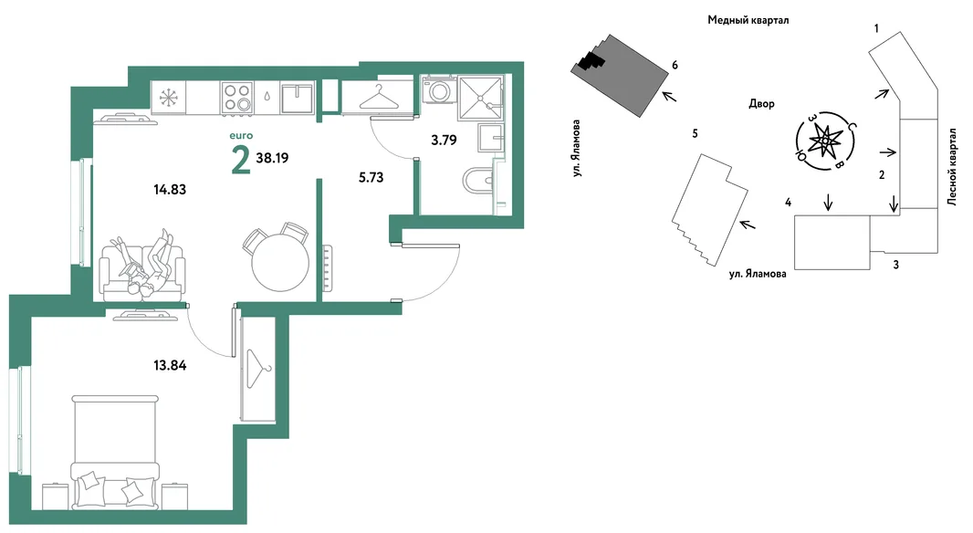 Планировка 2-комн. квартира, 38.19 м² ЖК «Сибирский сад»