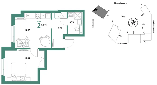Планировка 2-комн. квартира, 38.19 м² ЖК «Сибирский сад» Планировка 2-комн. квартира, 38.19 м² ЖК «Сибирский сад»
