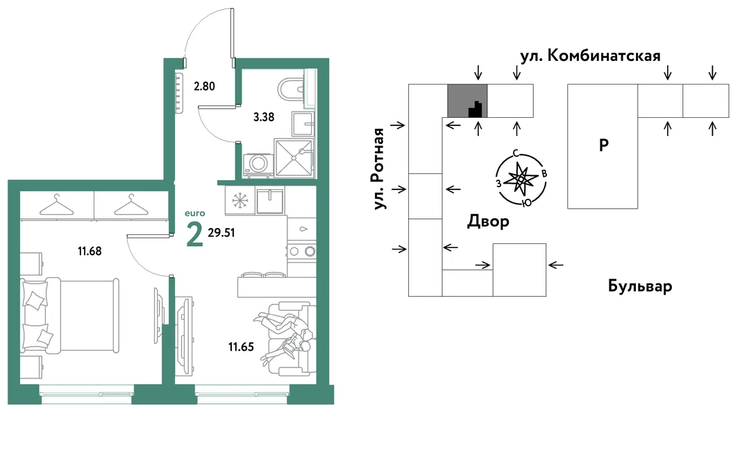 Планировка 2-комн. квартира, 29.34 м² ЖК «Уральский сад»