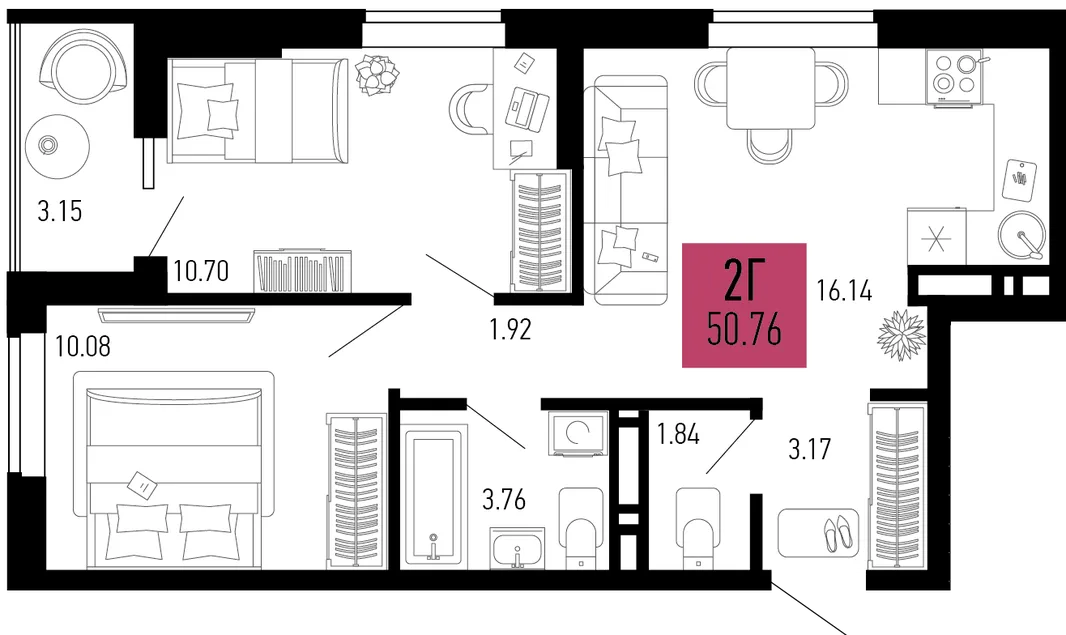 Планировка 2-комн. квартира, 50.76 м² ЖК «Столицыно»