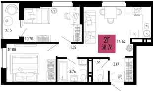 Планировка 2-комн. квартира, 50.76 м² ЖК «Столицыно»