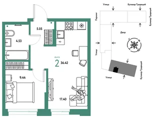 Планировка 2-комн. квартира, 36.42 м² ЖК «Микрорайон Домашний»