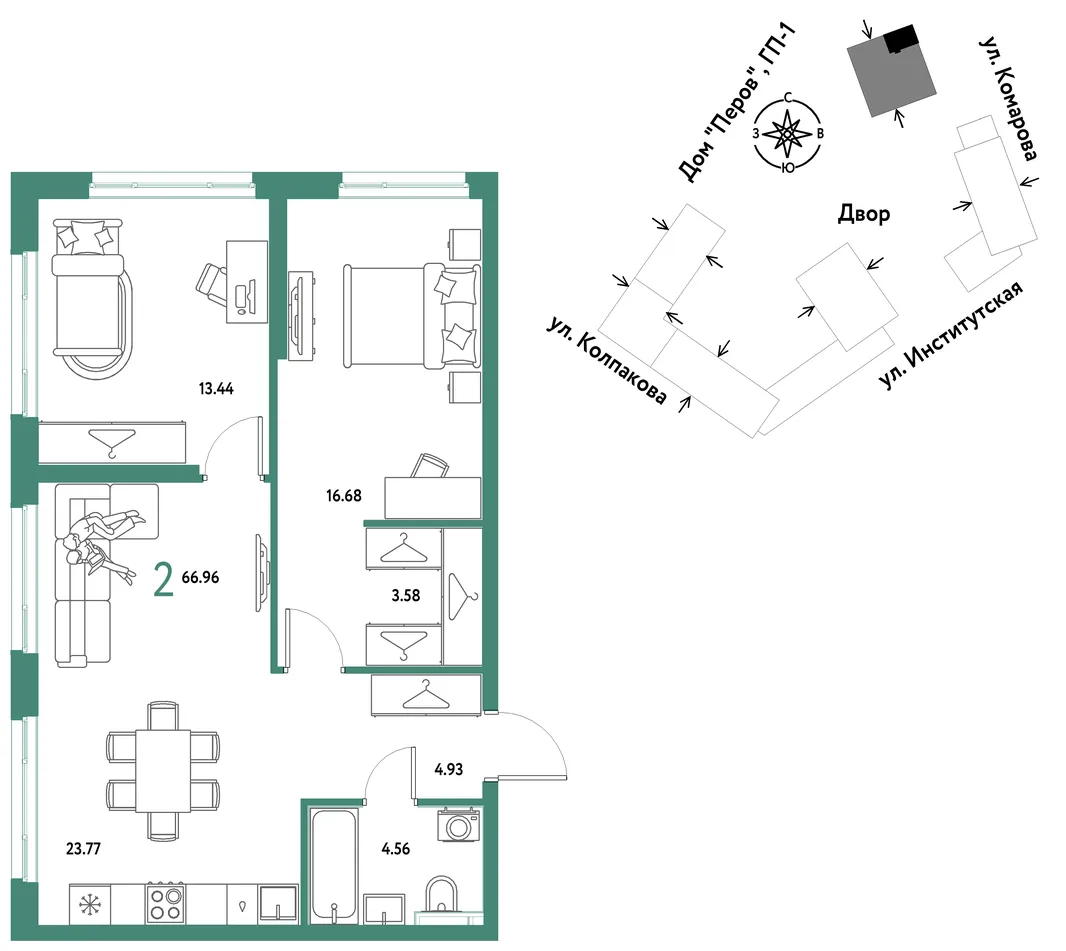 Планировка 2-комн. квартира, 66.96 м² ЖК «Страна.Парковая»