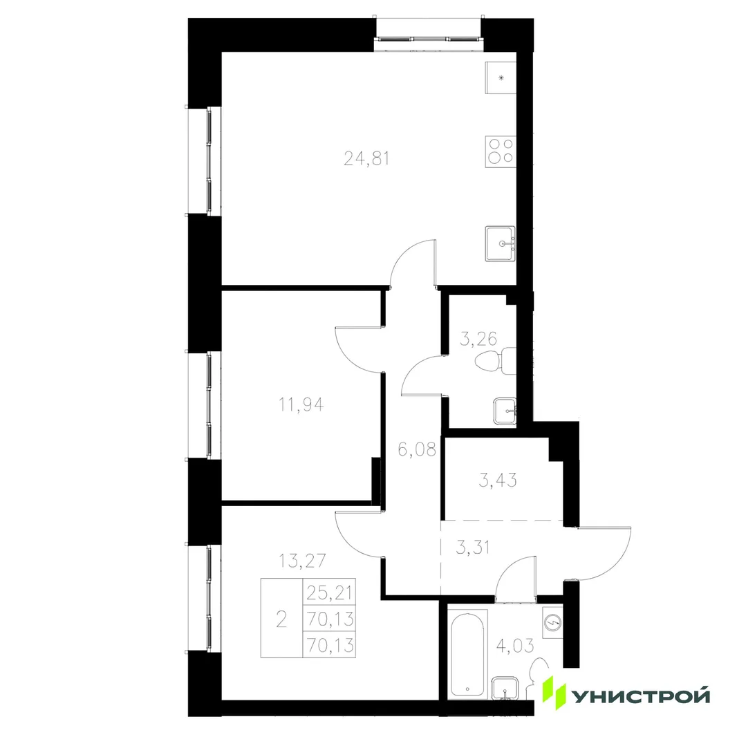 Планировка 2-комн. квартира, 70.13 м² ЖК «Statum»