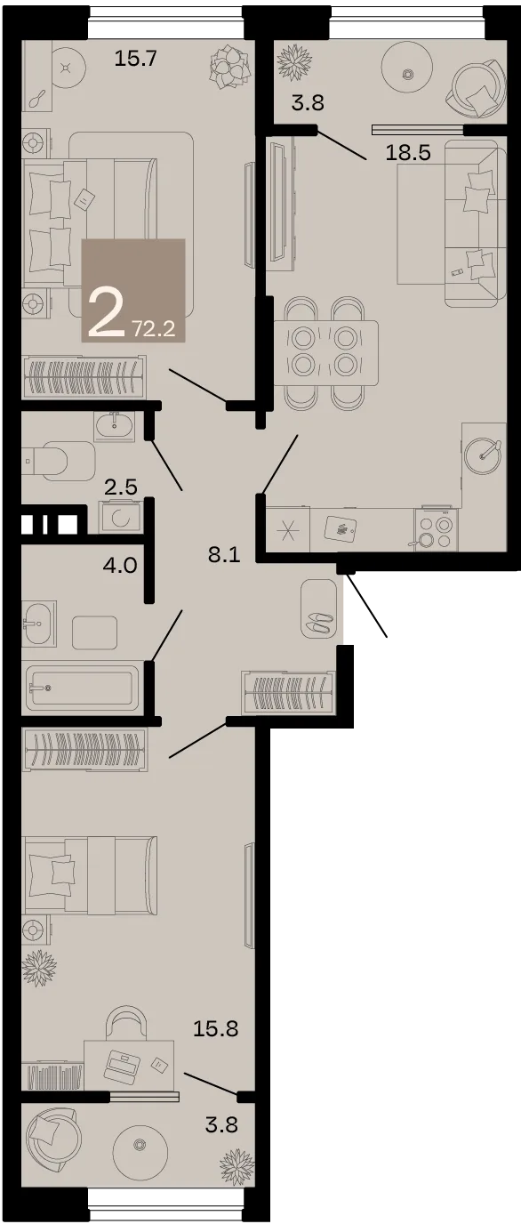 Планировка 2-комн. квартира, 72.2 м² ЖК «Хозяин морей»