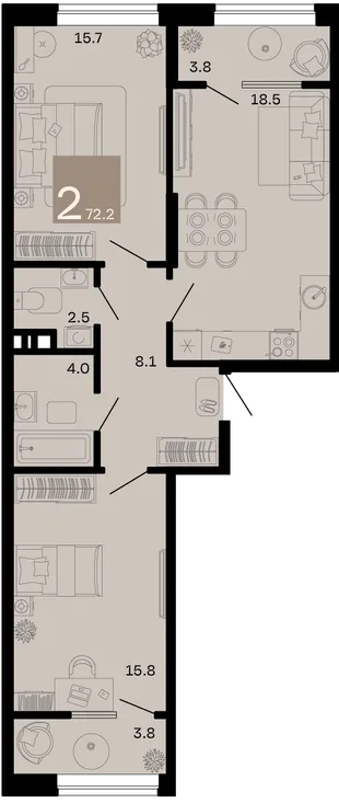 Планировка 2-комн. квартира, 72.2 м² ЖК «Хозяин морей»