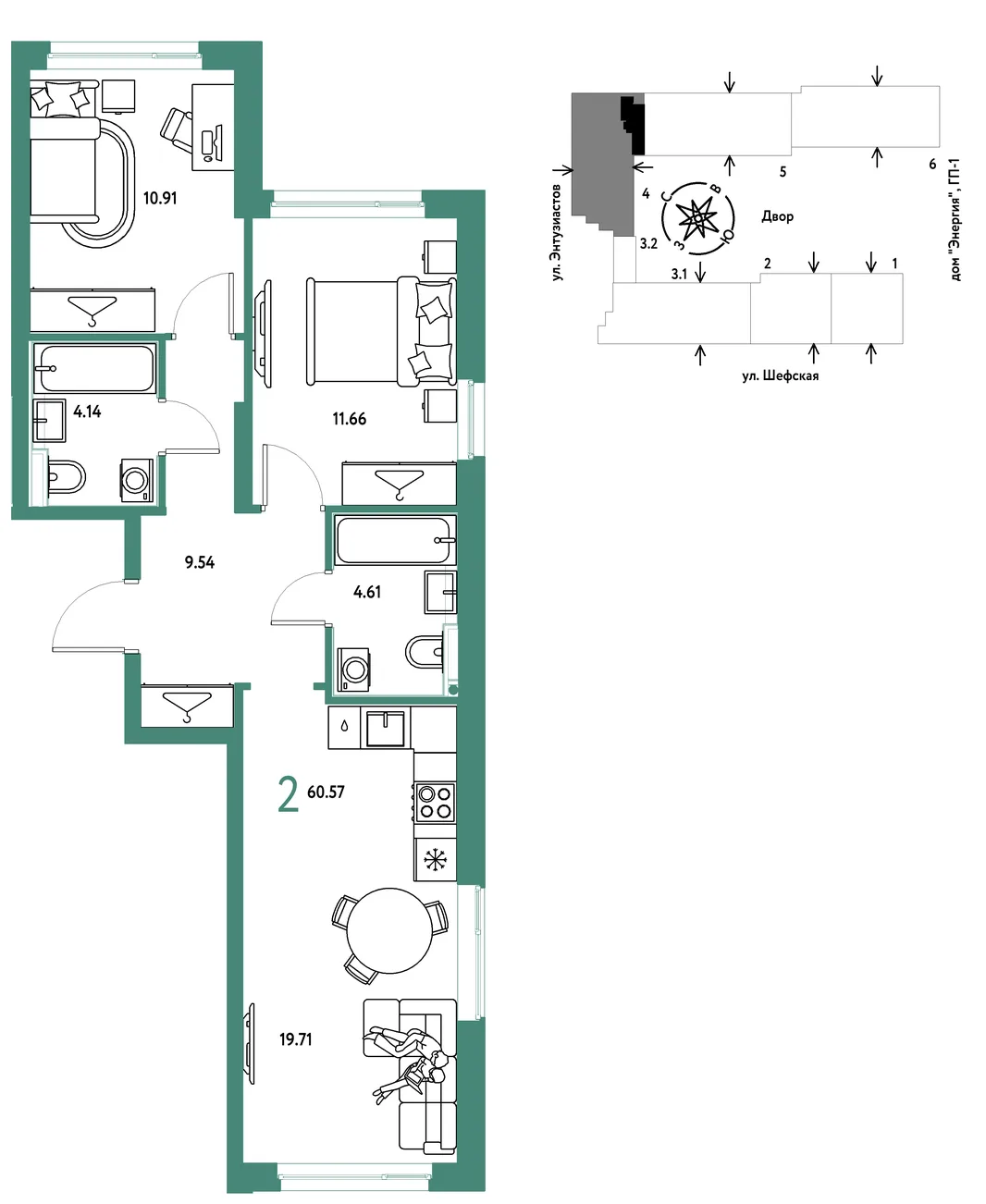 Планировка 2-комн. квартира, 60.57 м² ЖК «Страна.Энтузиастов»