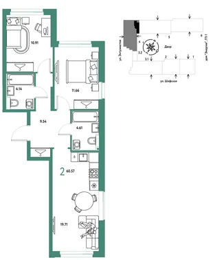 Планировка 2-комн. квартира, 60.57 м² ЖК «Страна.Энтузиастов»