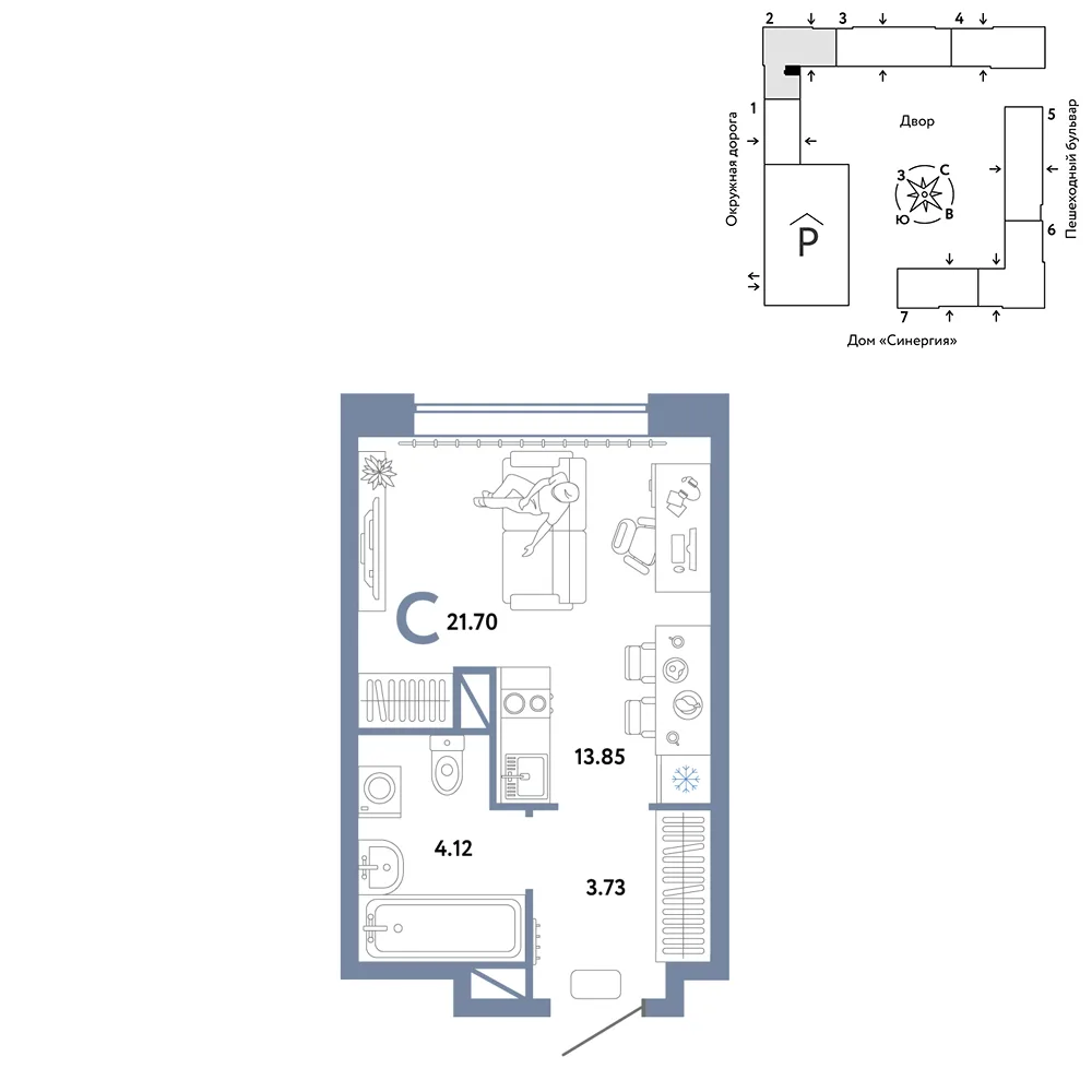 Планировка Студия, 21.7 м² ЖК «Юнион»