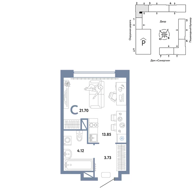 Планировка Студия, 21.7 м² ЖК «Юнион»