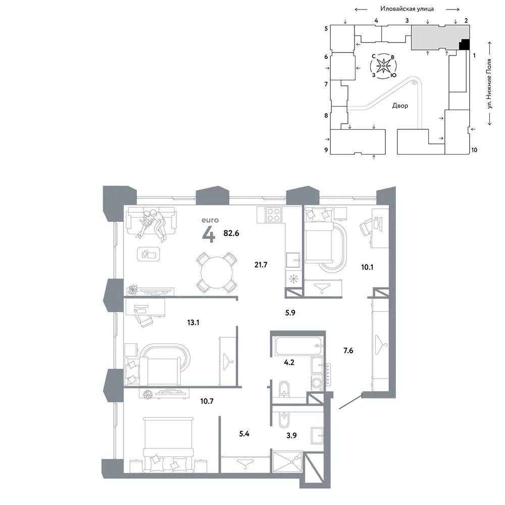 Планировка 4-комн. квартира, 82.6 м² ЖК «Страна.Заречная»