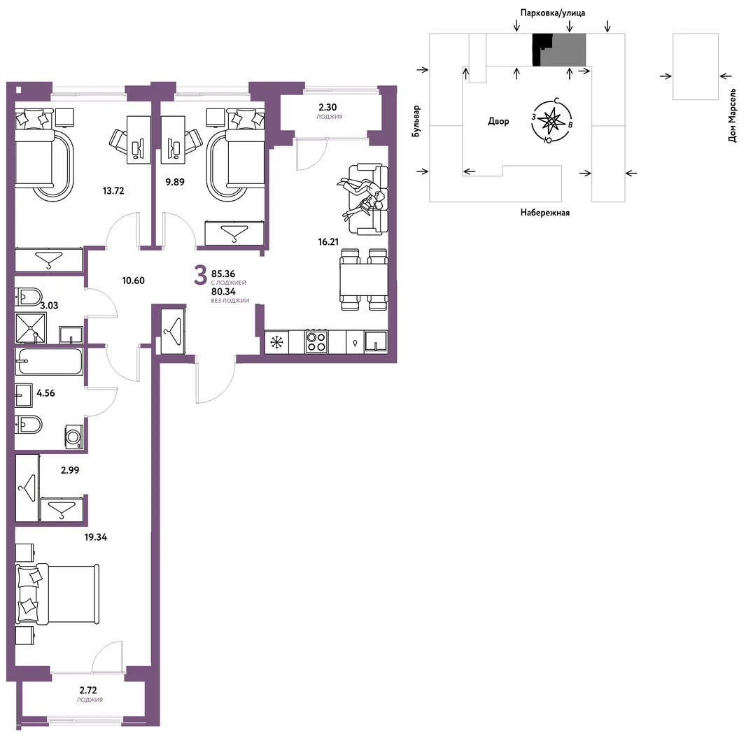 Планировка 3-комн. квартира, 85.36 м² ЖК «Европейский берег 2.0»