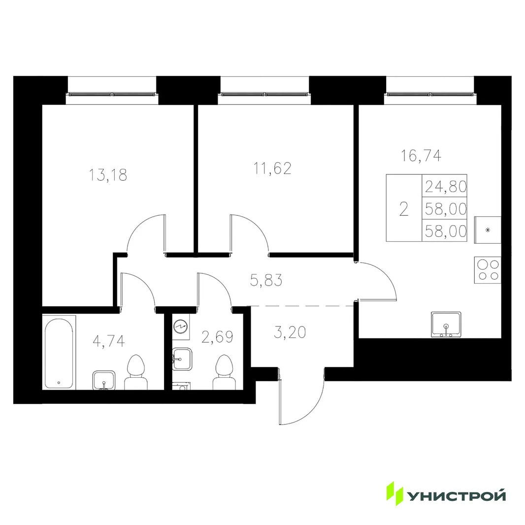 Планировка 2-комн. квартира, 58 м² ЖК «Statum»