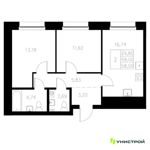 Планировка 2-комн. квартира, 58 м² ЖК «Statum»