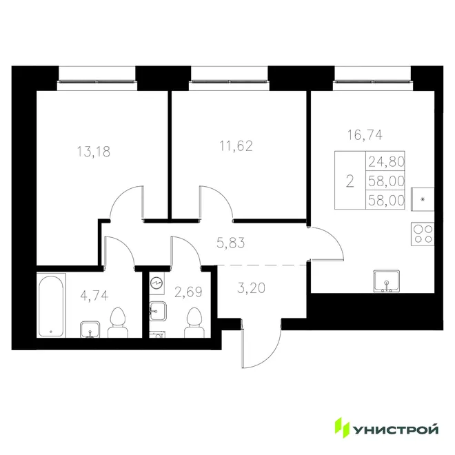 Планировка 2-комн. квартира, 58 м² ЖК «Statum» Планировка 2-комн. квартира, 58 м² ЖК «Statum»