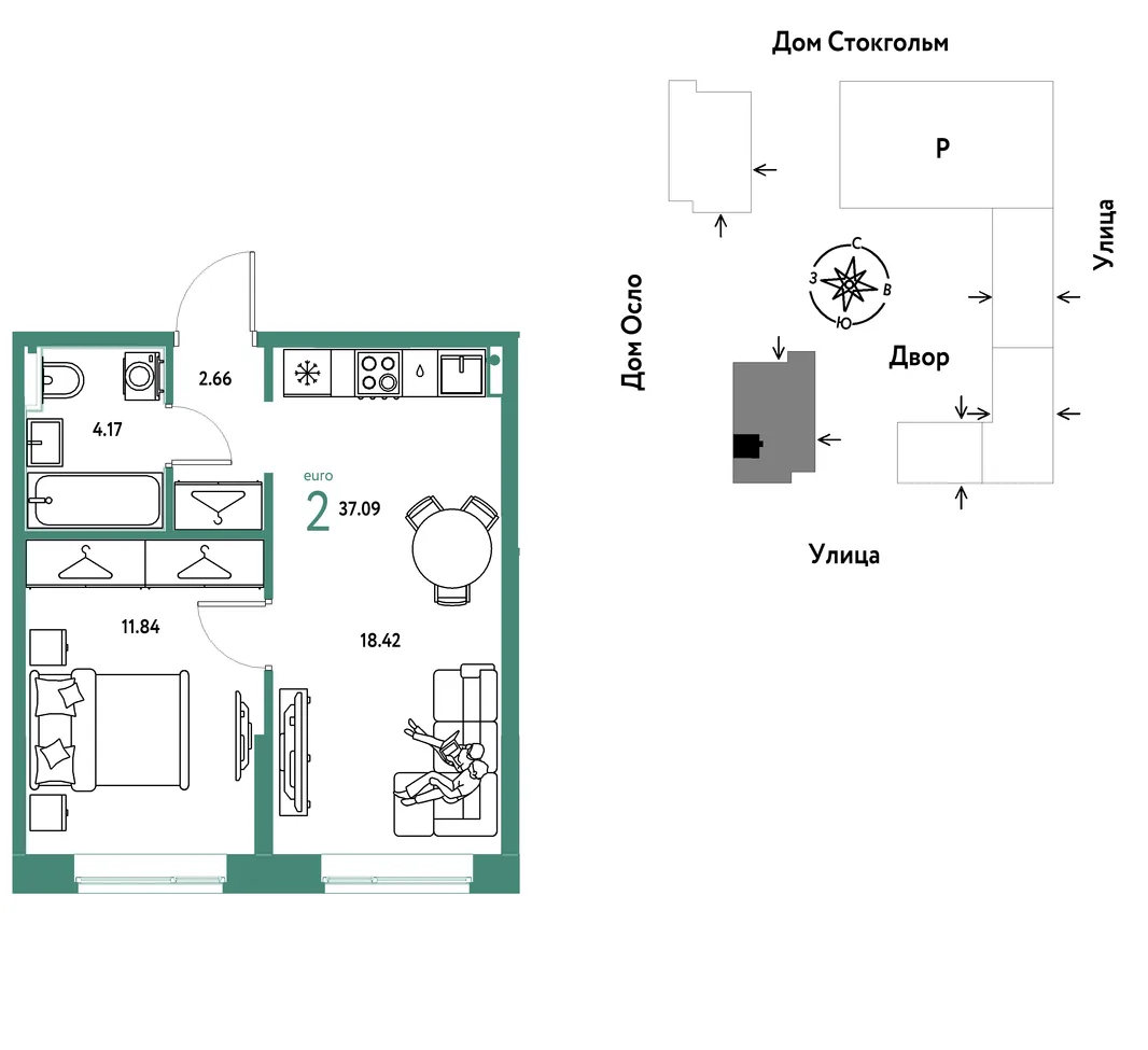 Планировка 2-комн. квартира, 37.09 м² ЖК «Европейский берег 2.0»