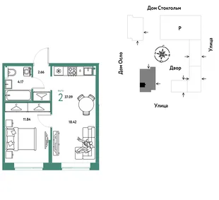Планировка 2-комн. квартира, 37.09 м² ЖК «Европейский берег 2.0»
