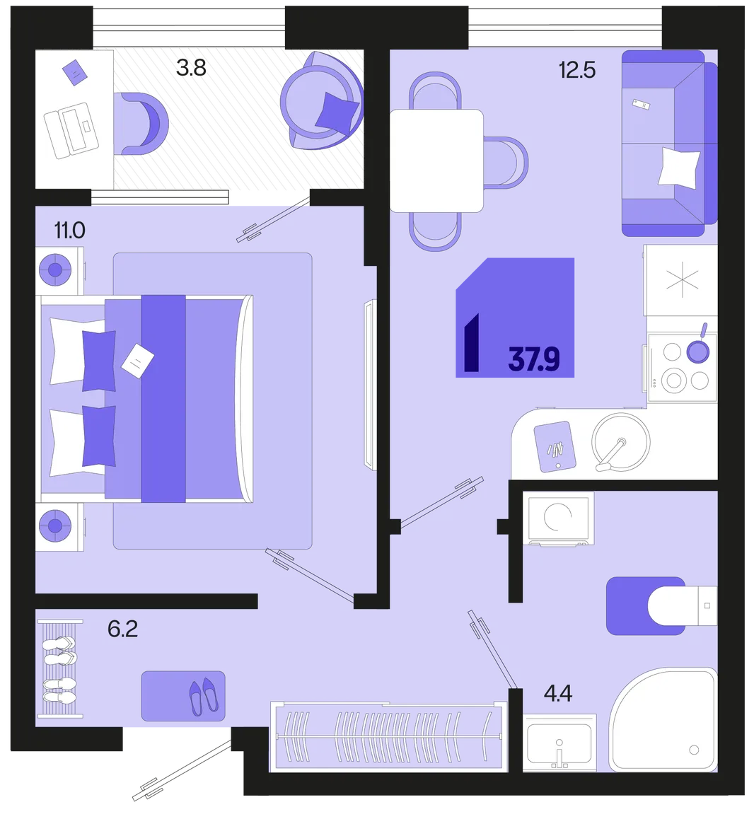 Планировка 1-комн. квартира, 37.9 м² ЖК «Первое место»